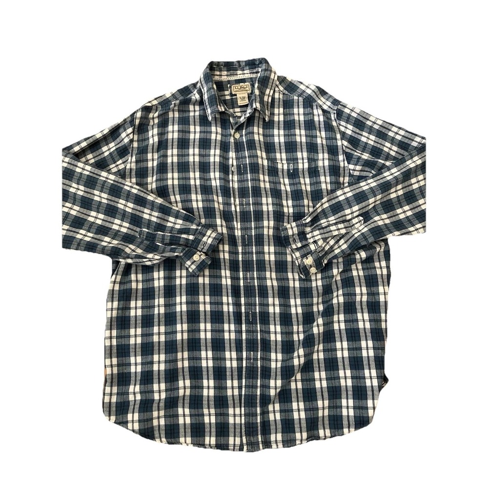 LL Bean Shirt Men Sz XL Blue Plaid LIGHT Flannel‎ Button DOWN